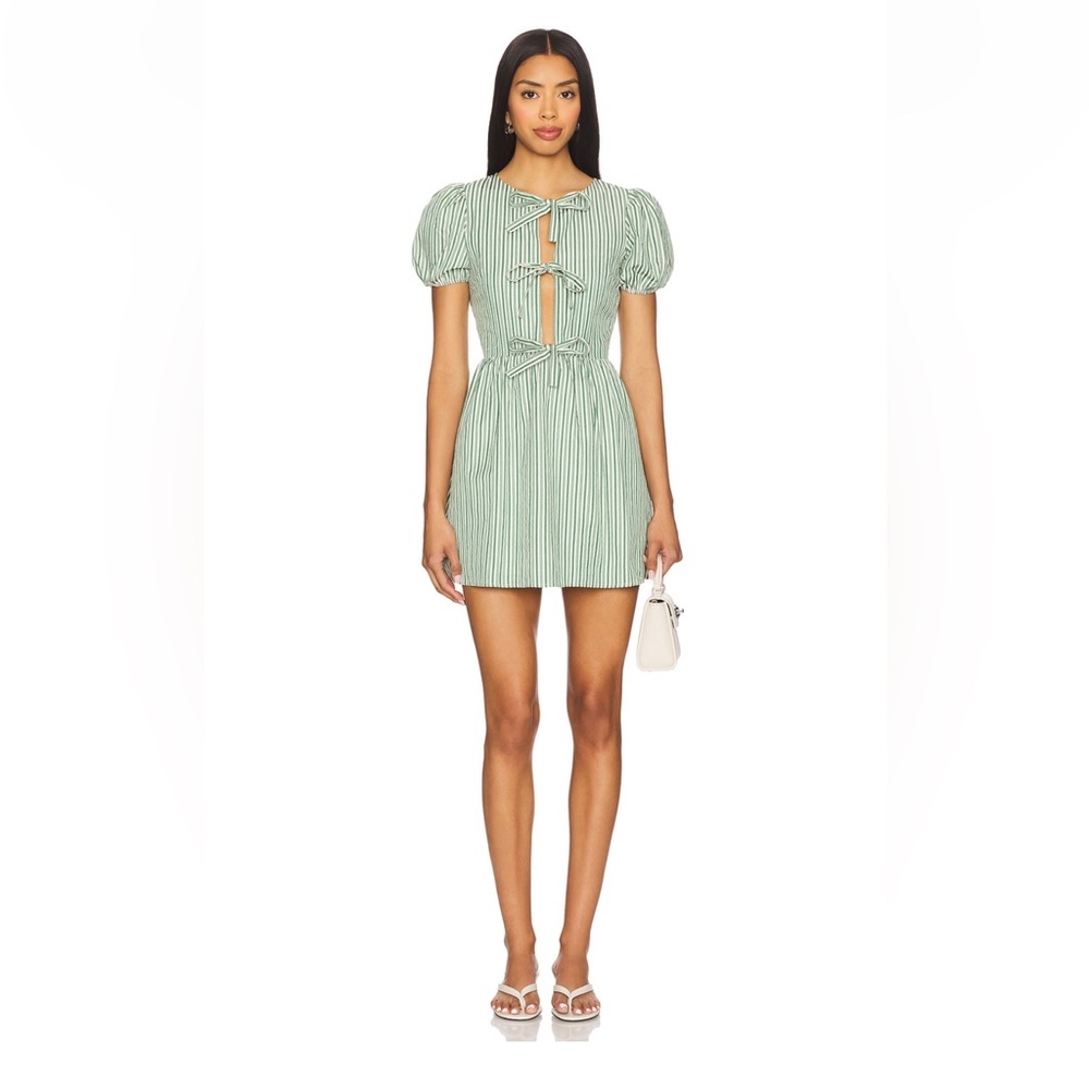 Heather Mini in Green Strip Puff-Sleeve Tie-Front Mini Dress